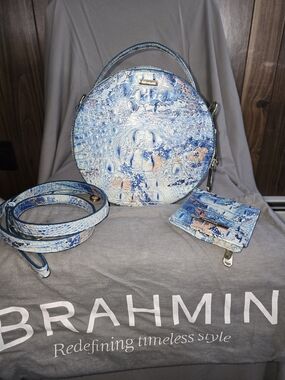 Brahmin Blue Marble Embossed Leather Circle Crossbody Bag